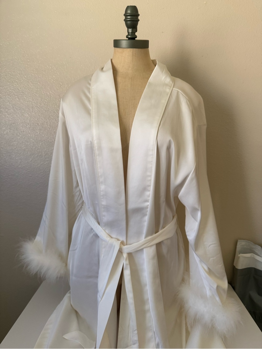 House of Harol White Satin Robe with Feather Cuffs - Women's Intimates